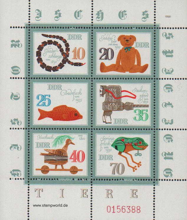 Briefmarken/Stamps Blechspielzeug II/Frosch/Vogel/Schlange/Fisch/Steckenpferd/Teddybär