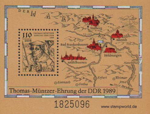 Briefmarken/Stamps Thomas Müntzer/Landkarte/kl. Vogel