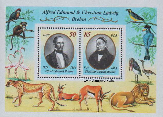 Briefmarken/Stamps Brüder Brehm/Tiere/Löwe/Affe/Vögel/Flamingos