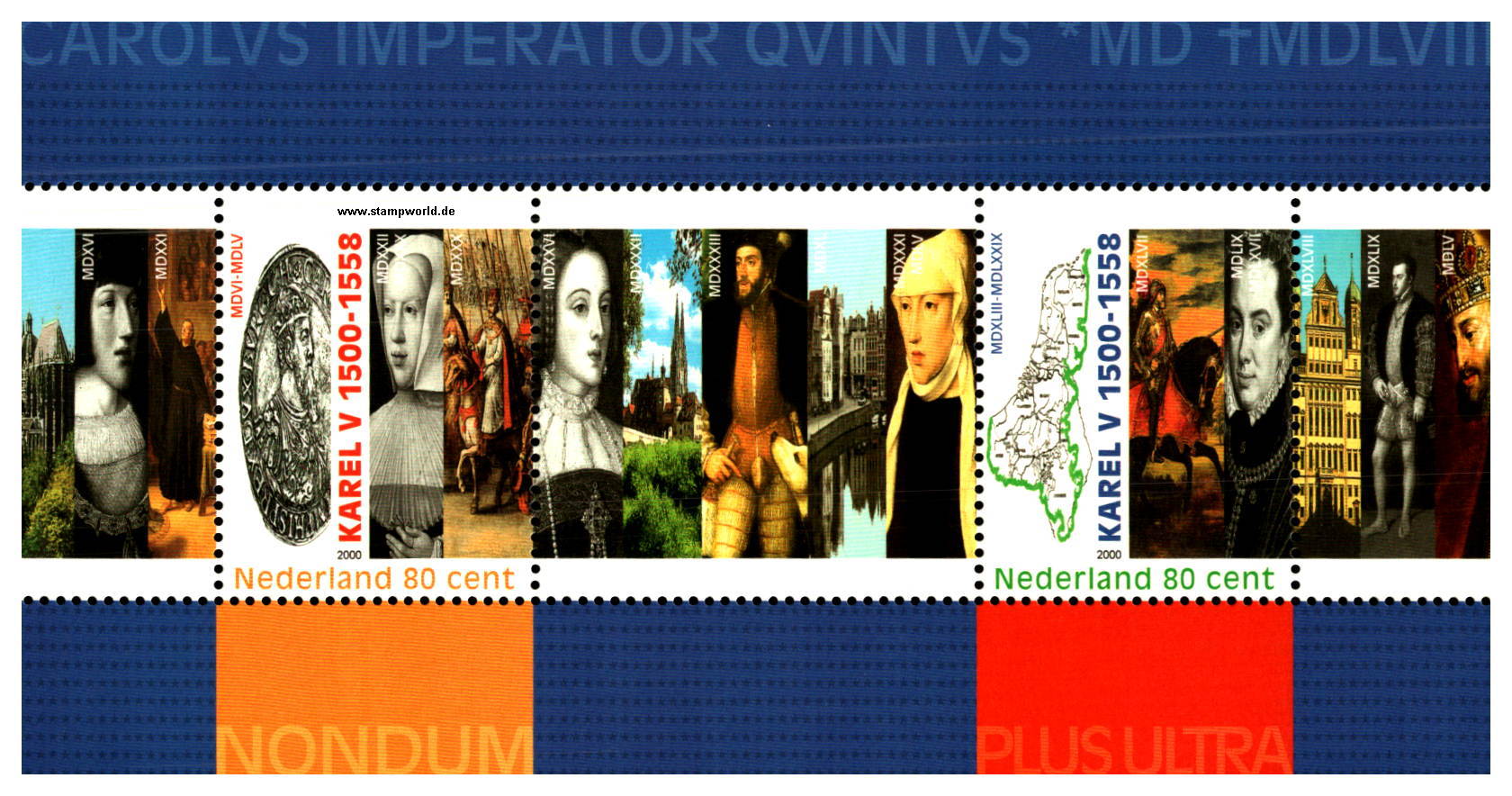 Briefmarken/Stamps Kaiser Karl V/Landkarte/Münze/Kirchen