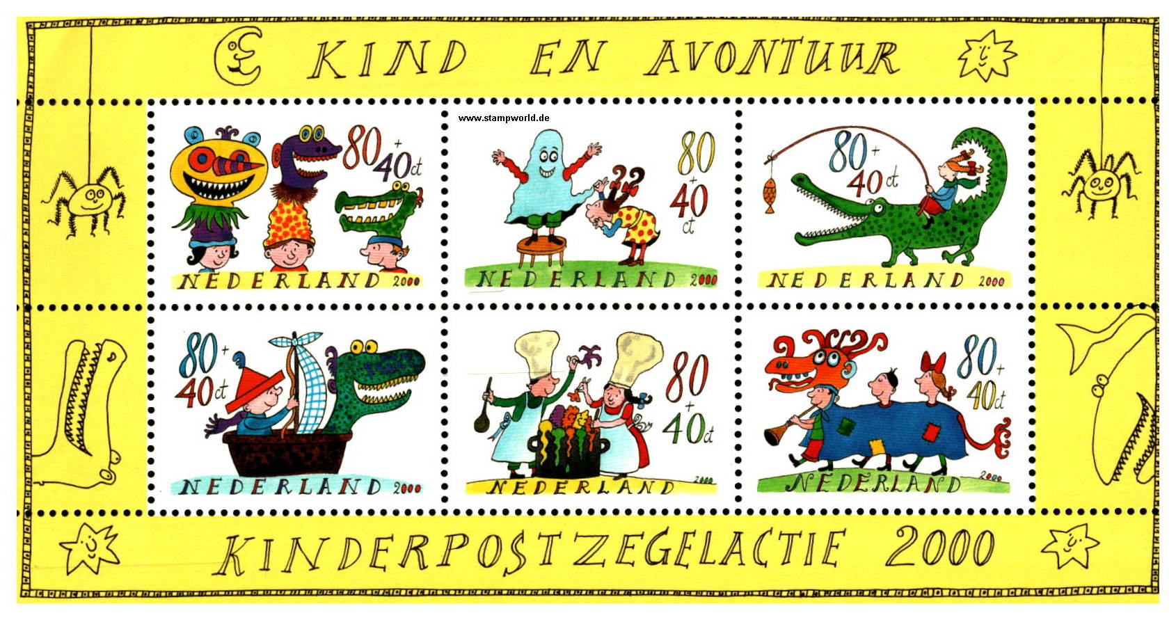 Briefmarken/Stamps Kinder und Abenteuer/Krokodil stilis./Spinne/Fisch