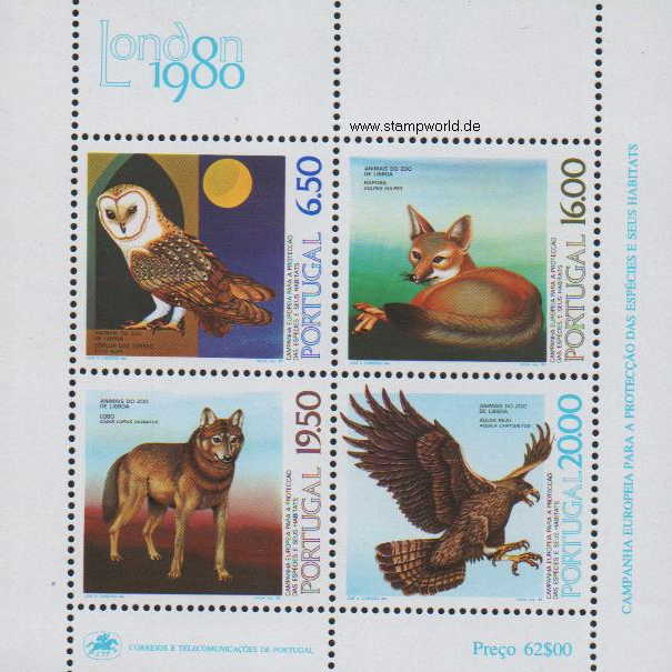 Briefmarken/Stamps LONDON 80/Tierschutz in Europa/Zoo Lissabon/Adler/Eule/Fuchs/Wolf