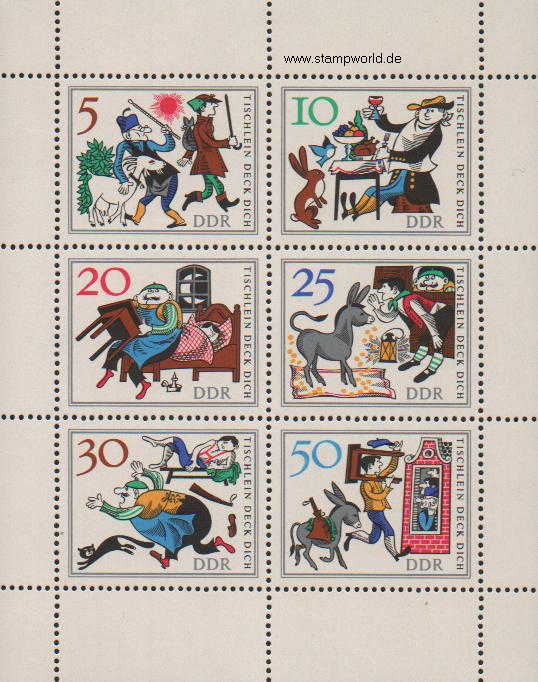 Briefmarken/Stamps Märchen/Tischlein deck dich/Esel/Hase/Vogel/Ziege/Katze (Gebr. Grimm)