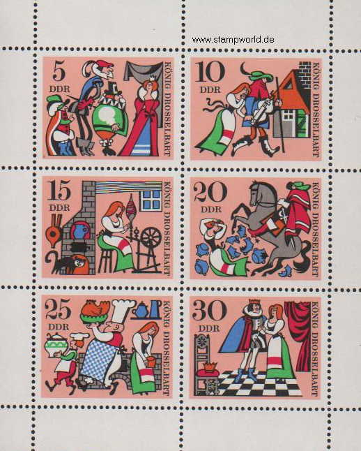 Briefmarken/Stamps Märchen/König Drosselbart/Vogel/Huhn/Katze/Pferd (Gebr. Grimm)