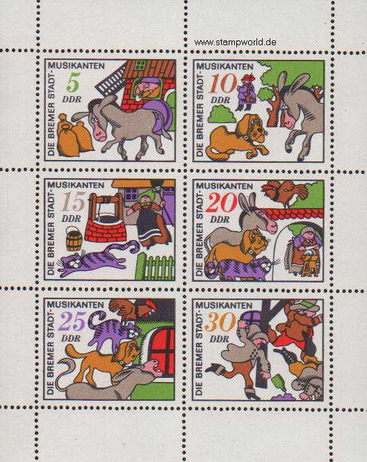 Briefmarken/Stamps Märchen/Bremer Stadtmusikanten/Esel/Hund/Katze/HahnWindmühle (Gebr. Grimm)